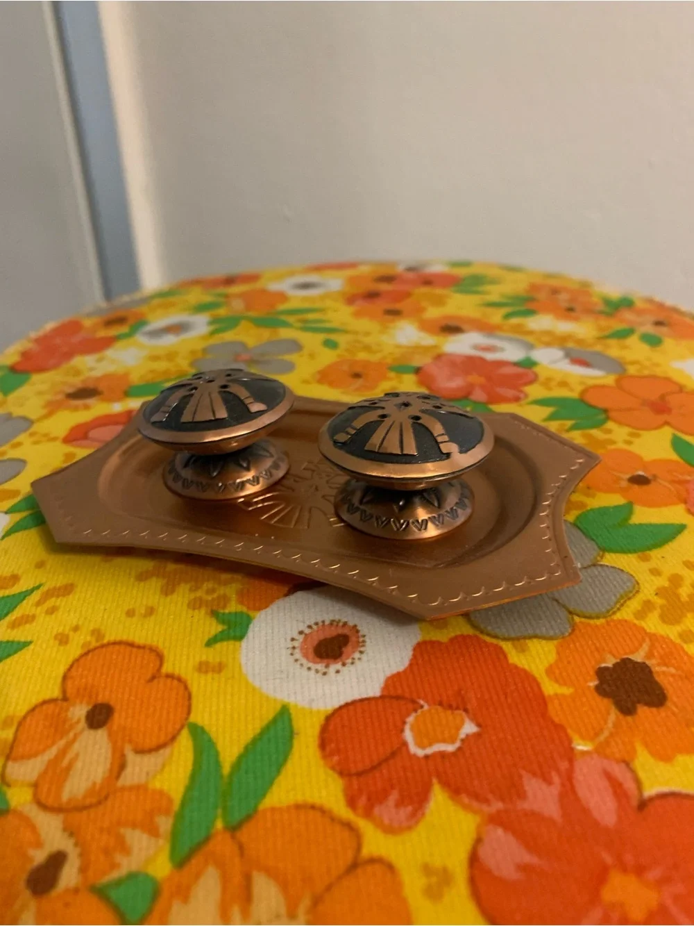 Vintage copper Native Motif salt and pepper shakers
